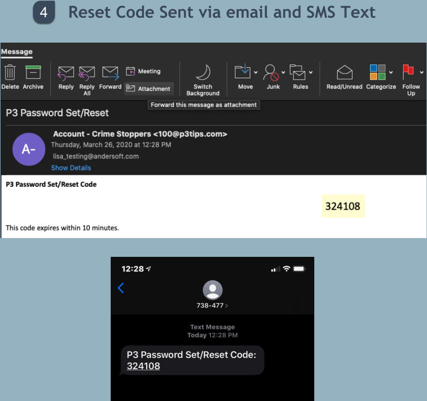 Reset Code Sent via email and SMS Text 4